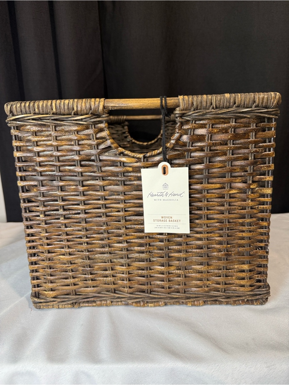 Hearth & Hand Brown Woven Storage Bin with Cutout Handles 16”x12”x12” NWT!